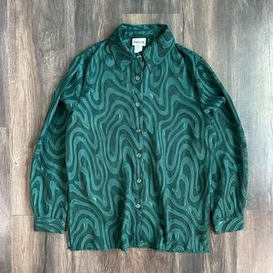 Vintage Groovy Green Swirl Blouse Button Front Semi-Sheer Long Sleeve Shirt Sz S